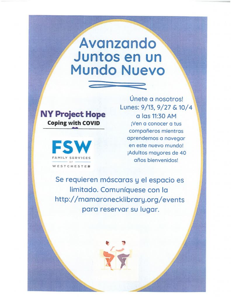 Spanish text: coping in a new post-covid world, mental health webinars