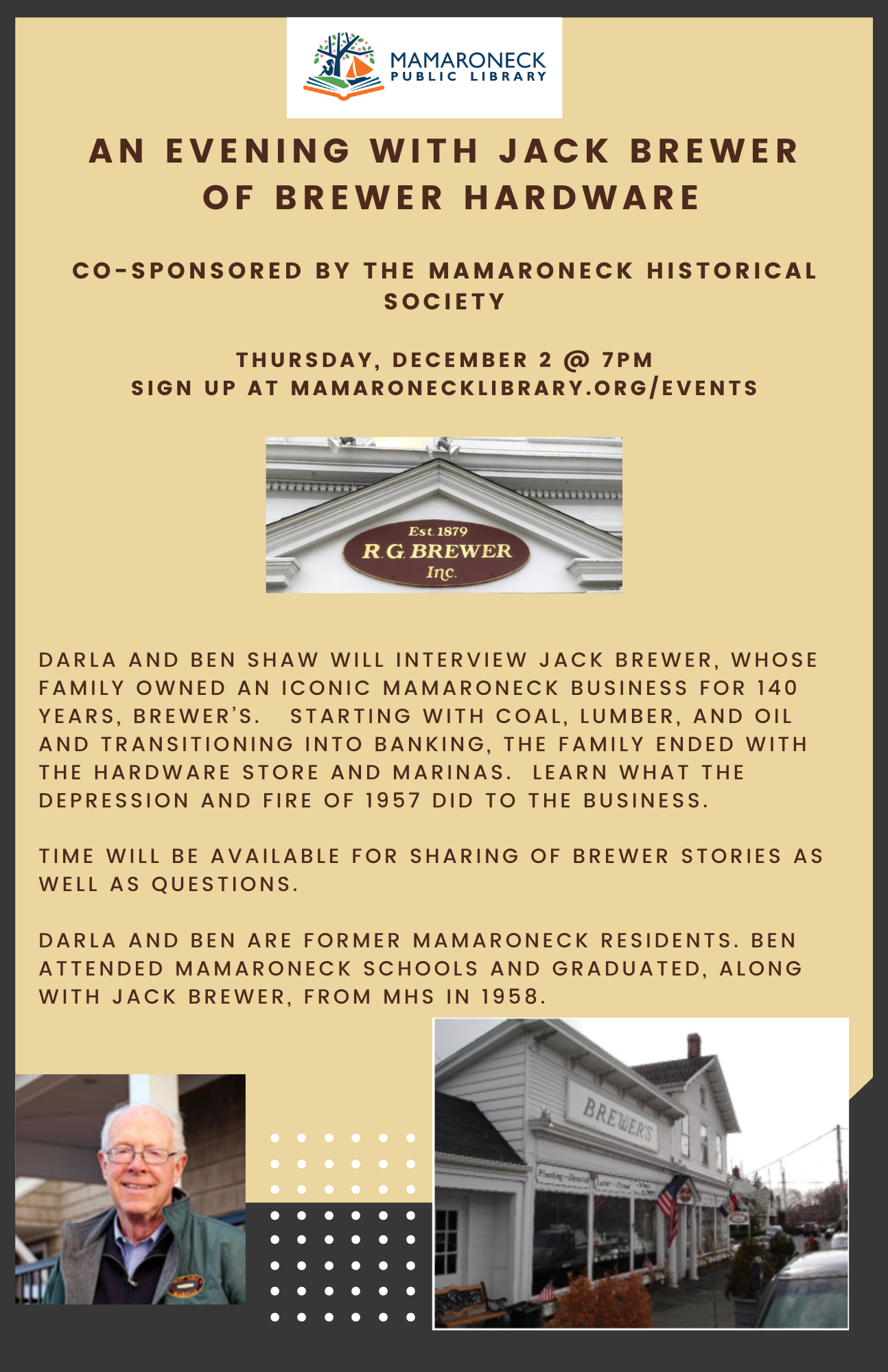 Flyer for Dec. 2 interview with Jack Brewer of Brewer's Hardware, a Mamaroneck fixture for many years