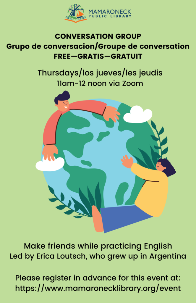 English as a Second Language discussion group via Zoom every Thursday at 11am