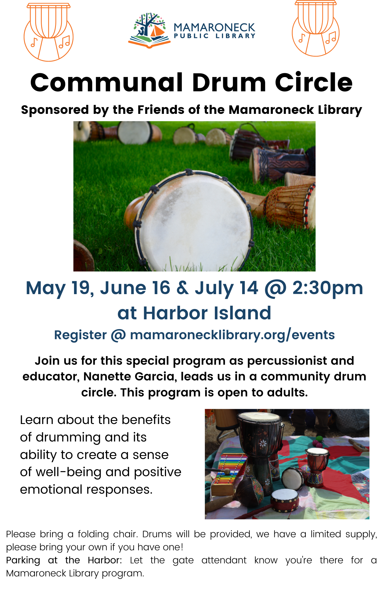 Communal drum circle in may June & July at Harbor Island Park