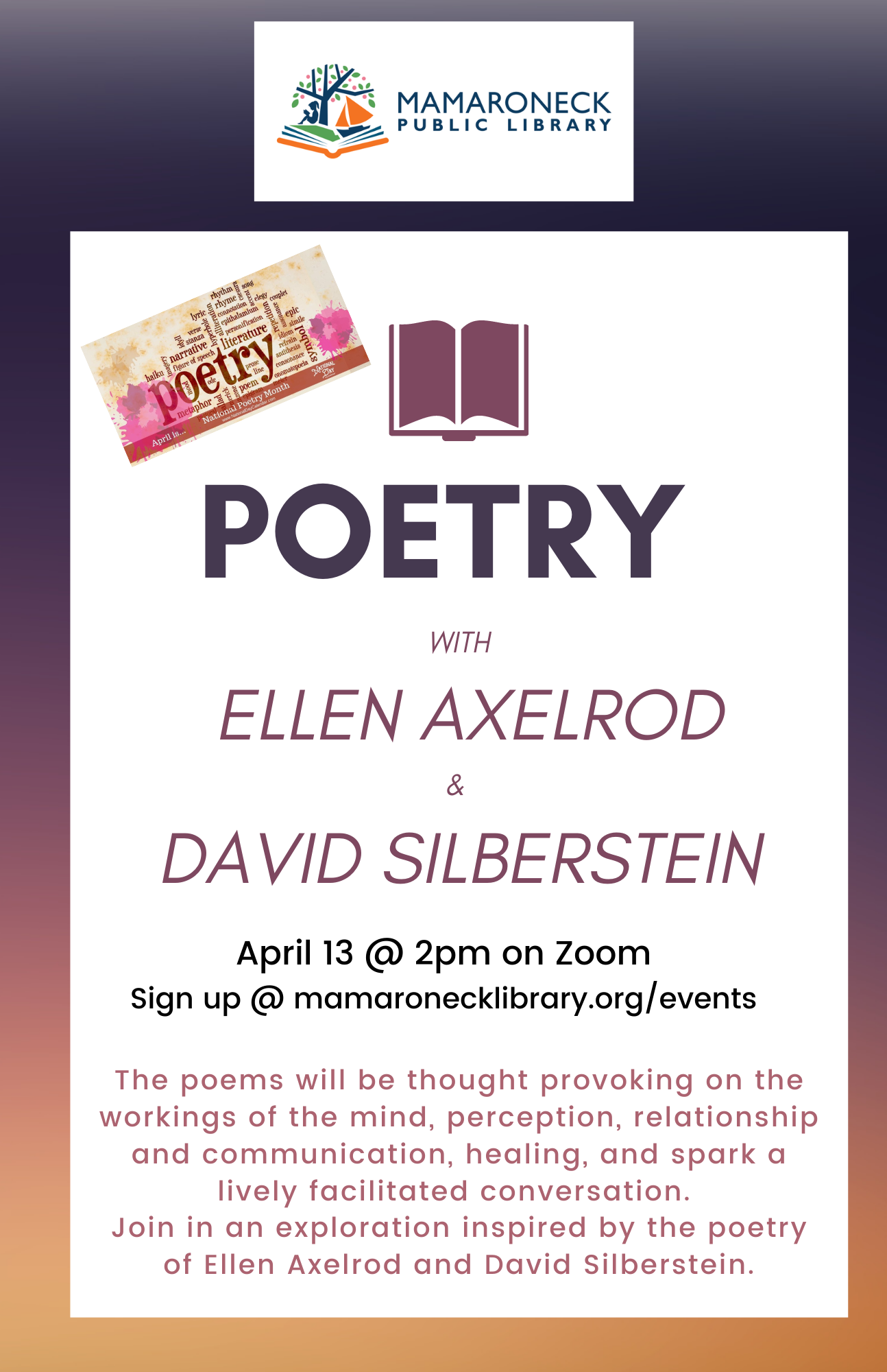 Poetry with Ellen Axelrod and David Silbersetin April 13