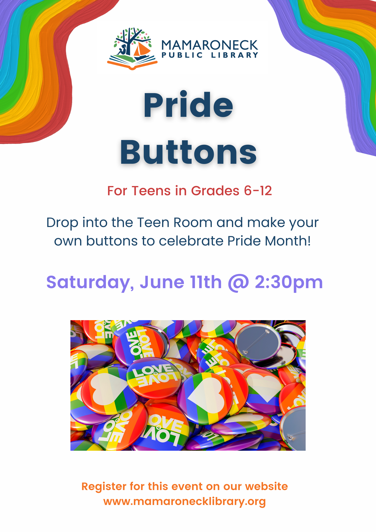 Saturday June 11th Teens making Pride buttons