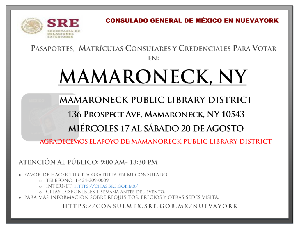 Mexican Consulate at Mamaroneck Library to register births, deaths, marriages