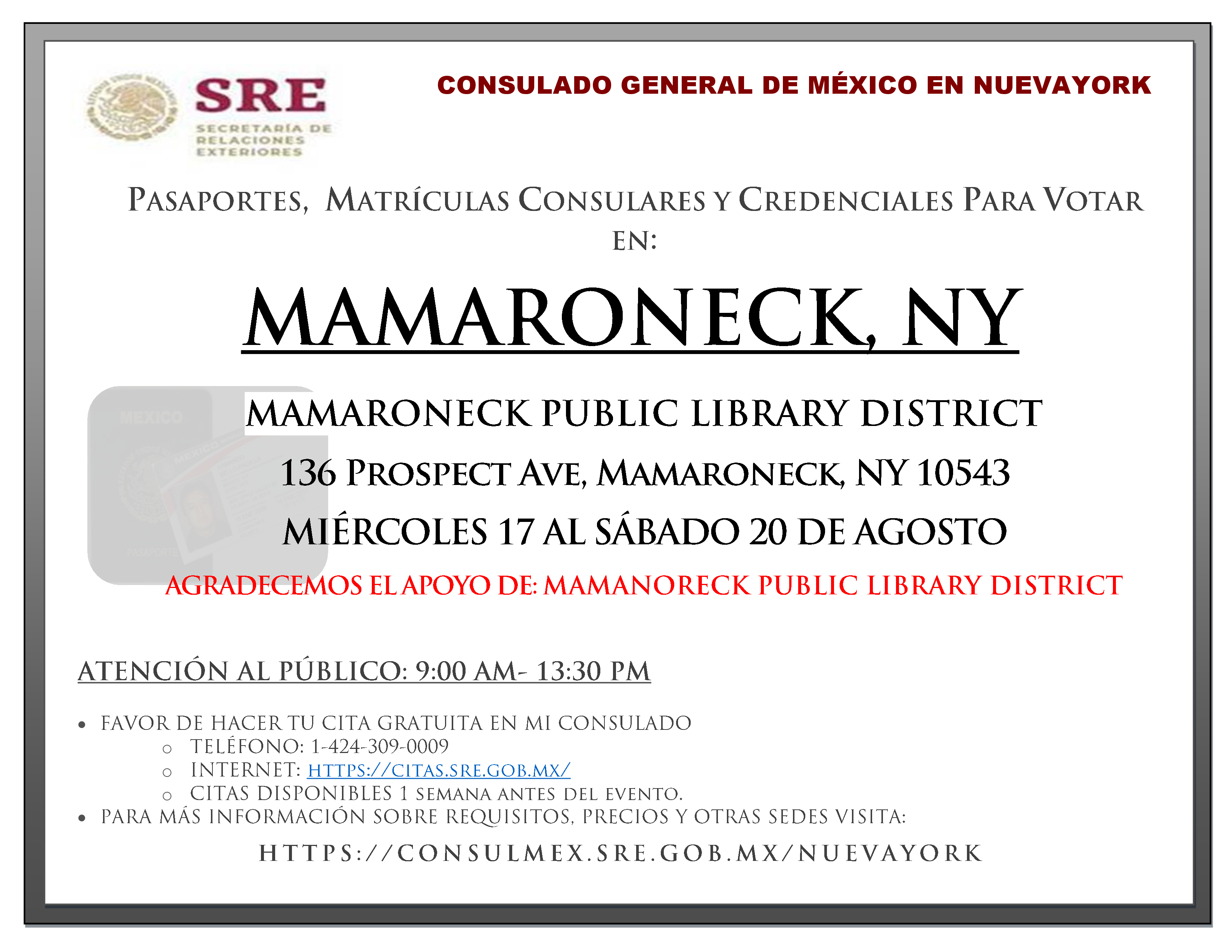 Mexican Consulate at Mamaroneck Library to register births, deaths, marriages