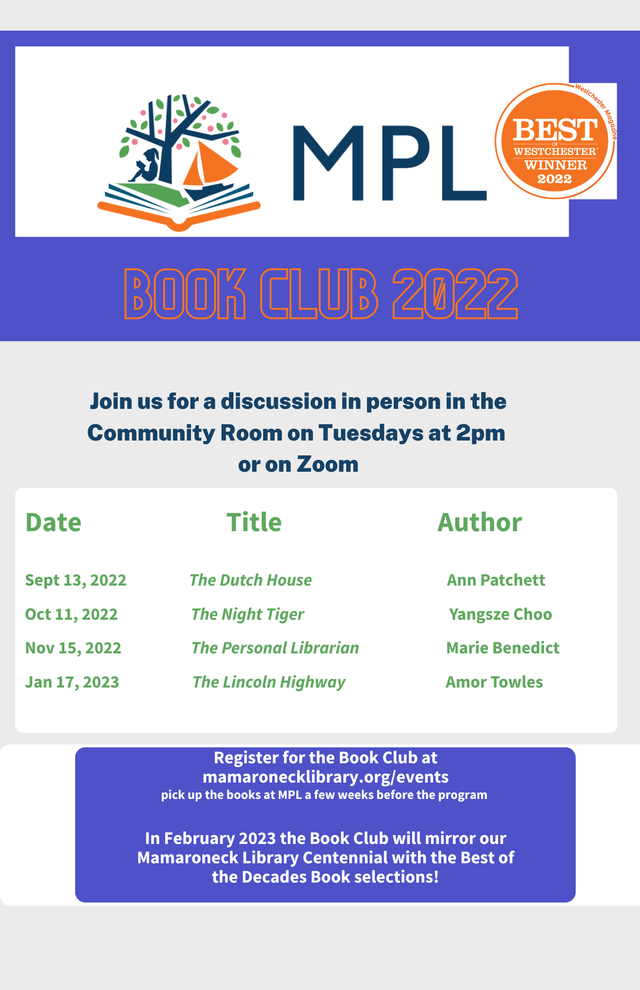 MPL Book club schedule for Fall/Winter 2022