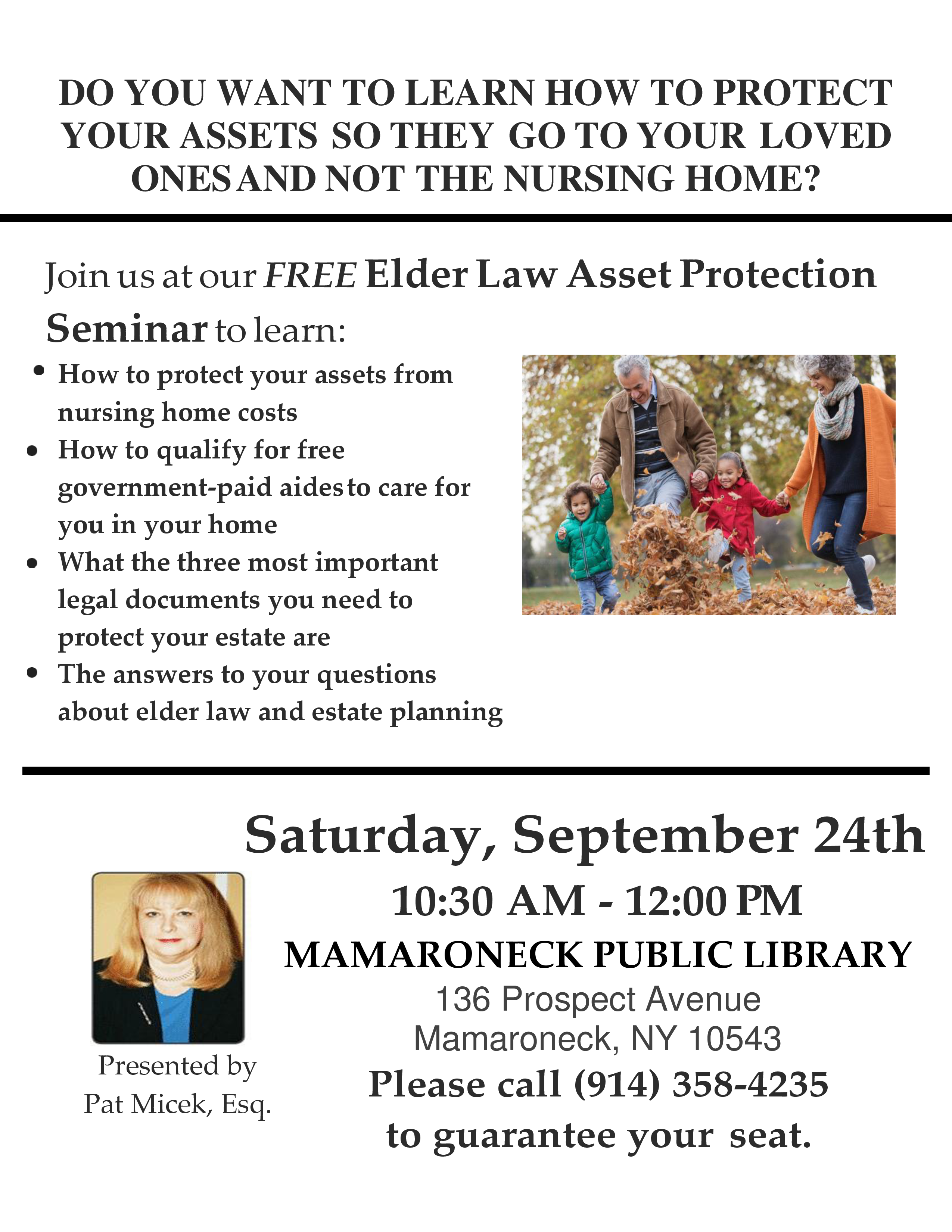Sept. 24th Elder Law Protect Your Assets seminar with Pat Micek