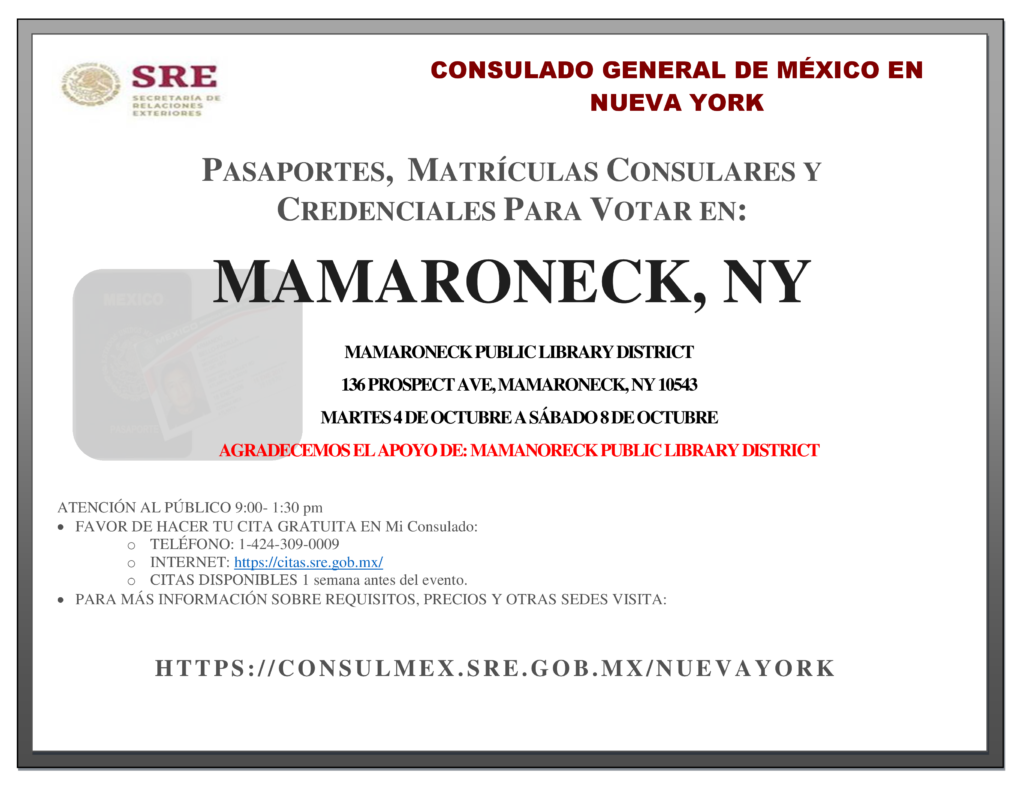 10/4 - 10/8 Mexican consulate returns to Mamaroneck Libraryk