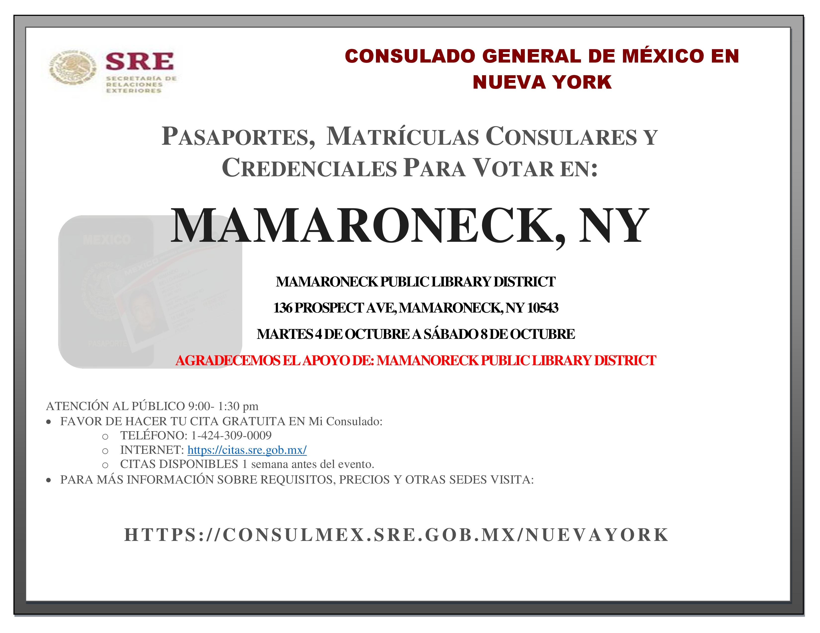 10/4 - 10/8 Mexican consulate returns to Mamaroneck Libraryk