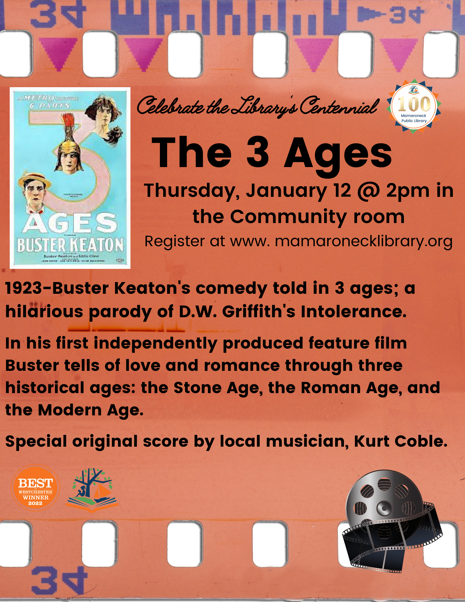1/12/23 - The Three Ages by Buster Keaton to be shown in the Community Room @ 2pm