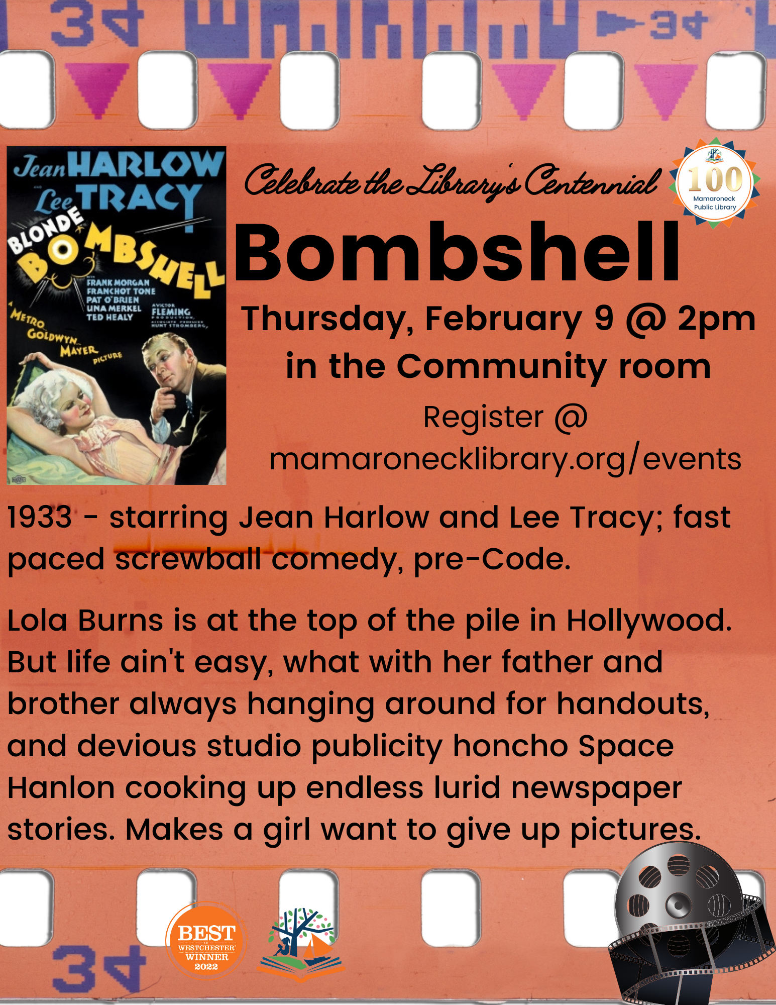 2/9 Centennial Film Series: (1933) Bombshell with Jean Harlow and Lee Tracy in the Community Room