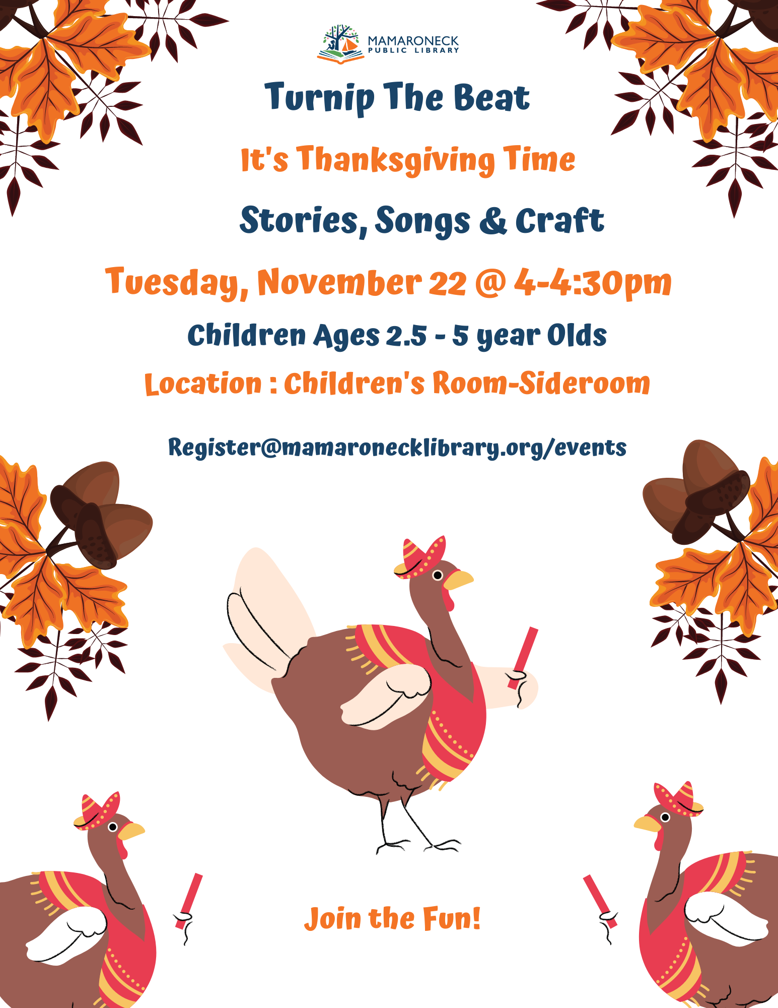 11/22 Pre-School children -- Thanksgiving craft and story 4 - 4:30 Children's Room