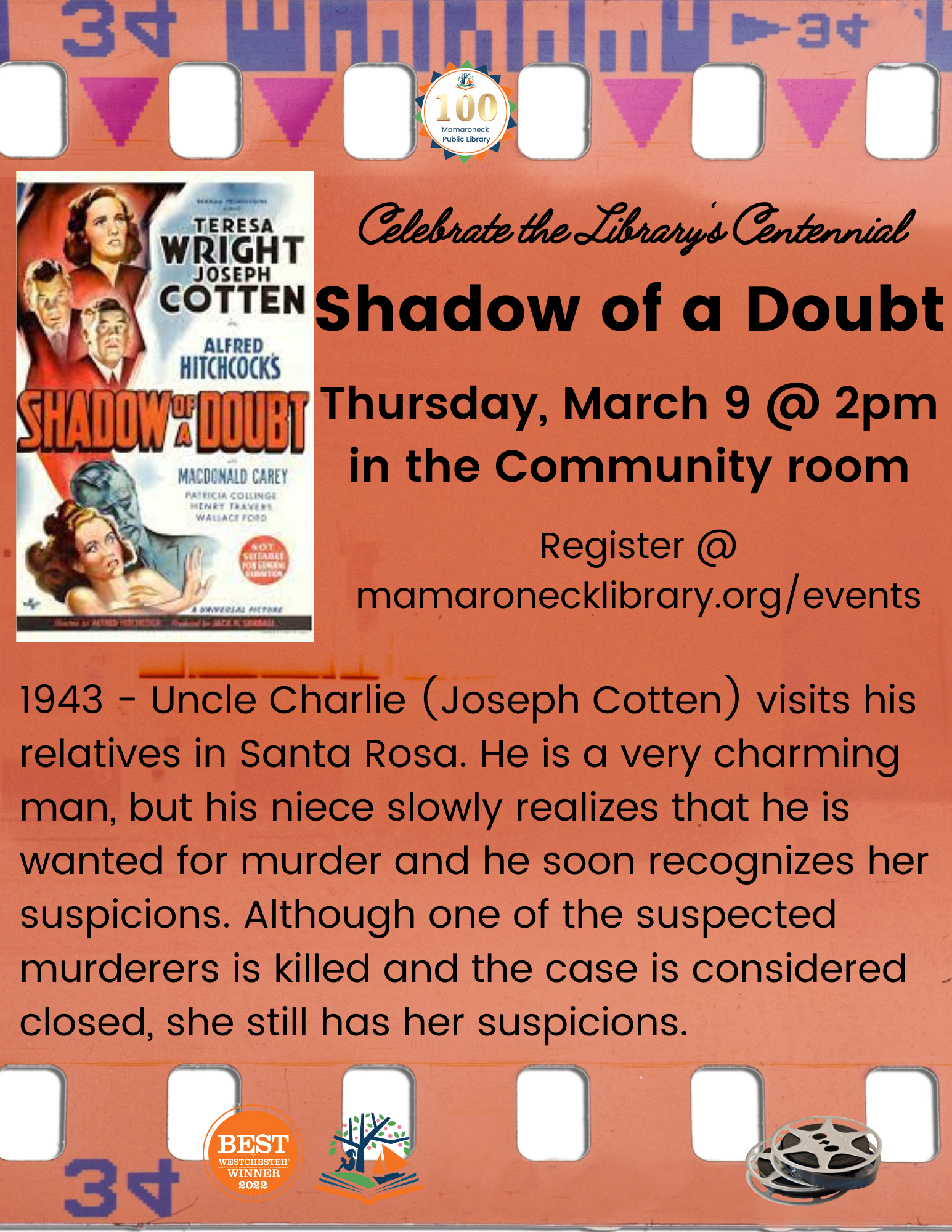 3/9/23 Centennial Film series: Shadow of a Doubt
