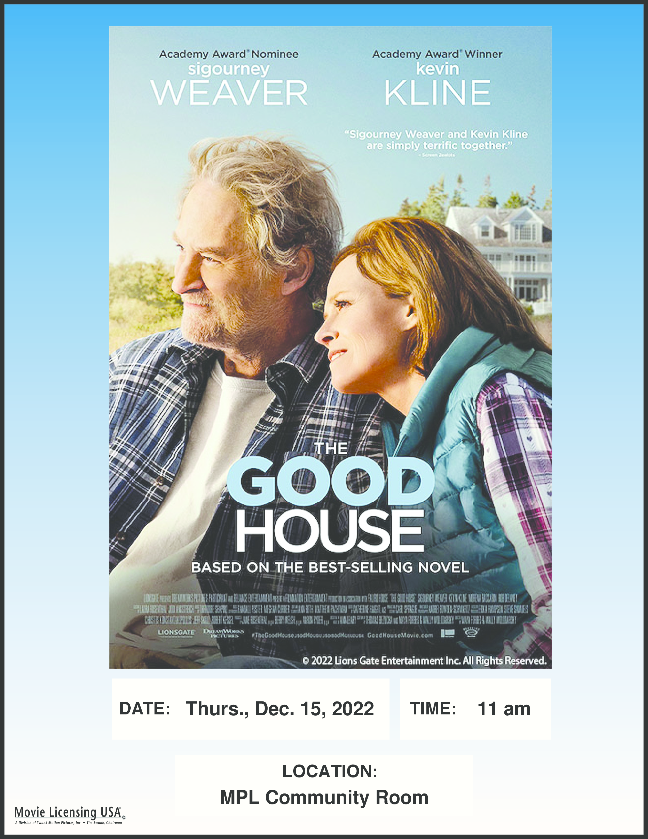 12/15 movie matinee: The Good House