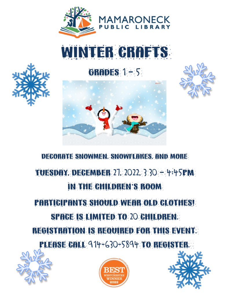 12/27 Winter Crafts for children, grades 1-5, children's room