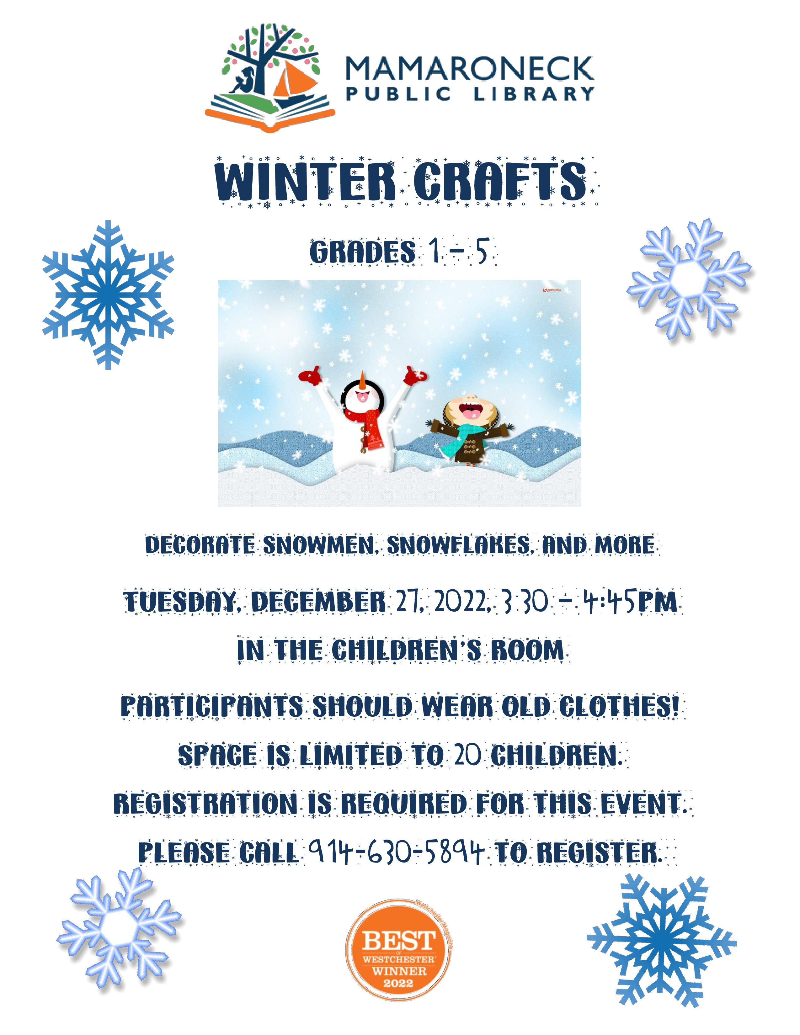 12/27 Winter Crafts for children, grades 1-5, children's room