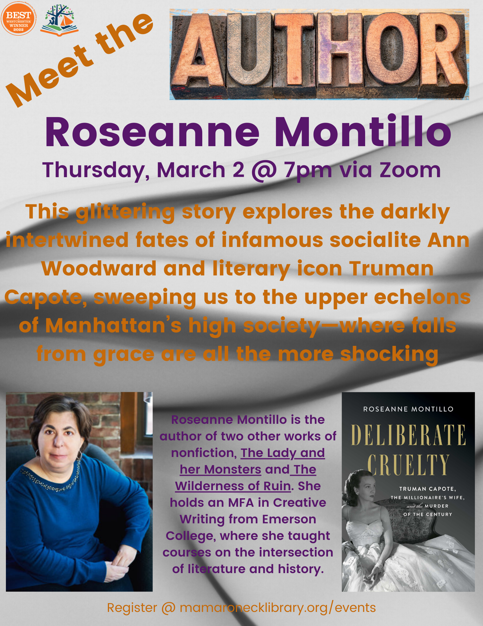 3/2 @ 7pm; author event via zoom; Roseanne Montillo