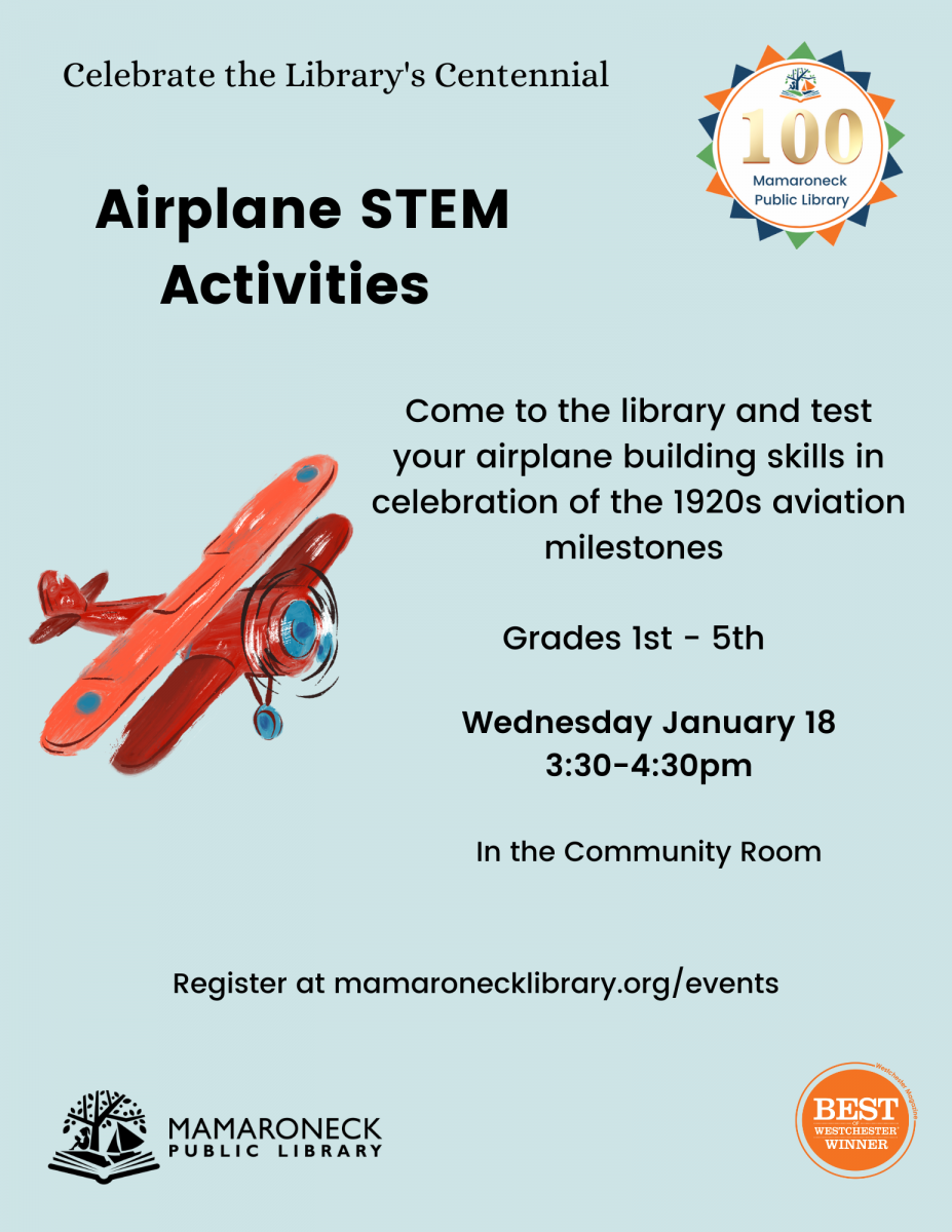 1/18 - Airplane STEM activities for Grades 1 - 5, in the Community Room