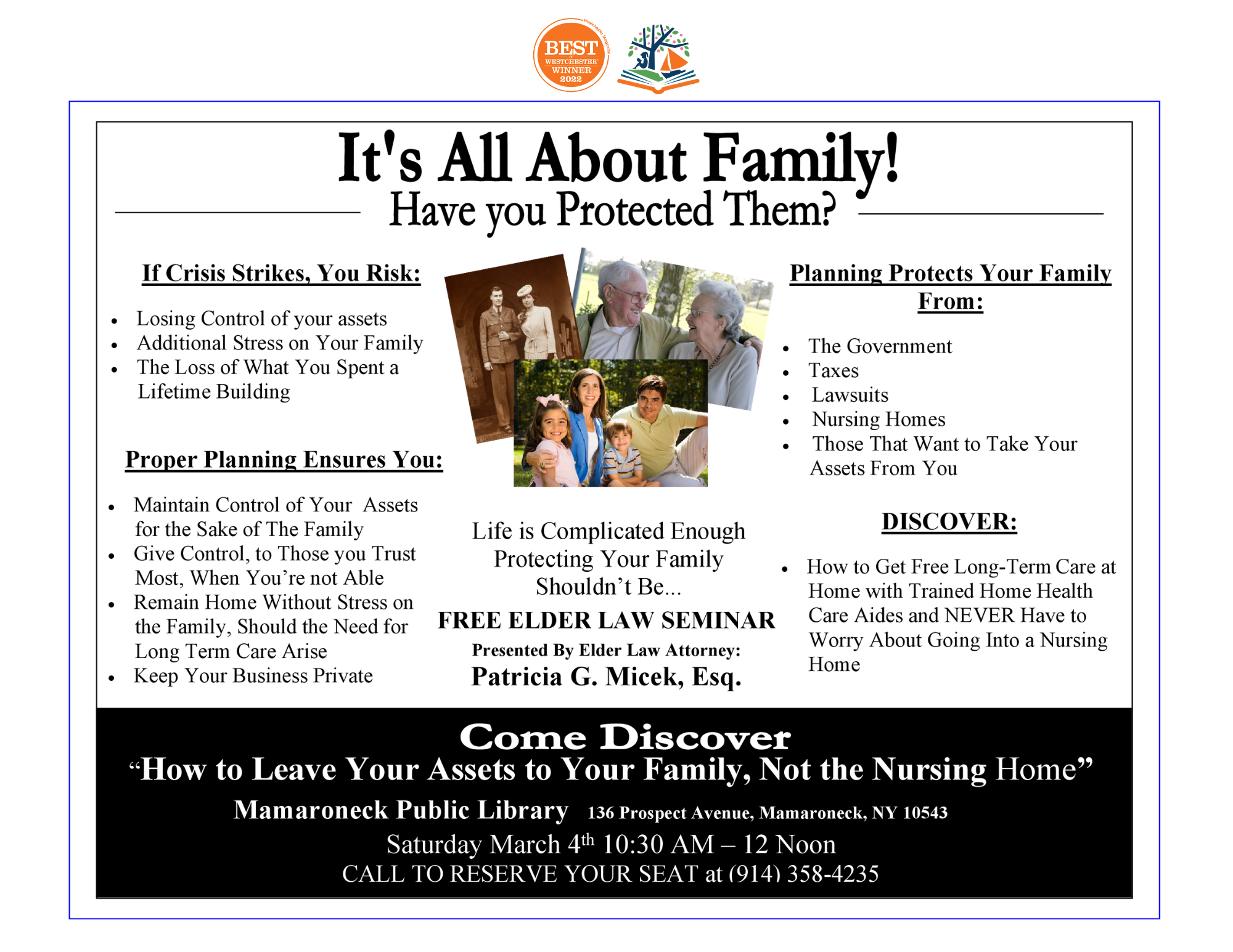 3/4 10:30am - Noon -- Protect Your Assest - Pat Micek webinar in the Community Room