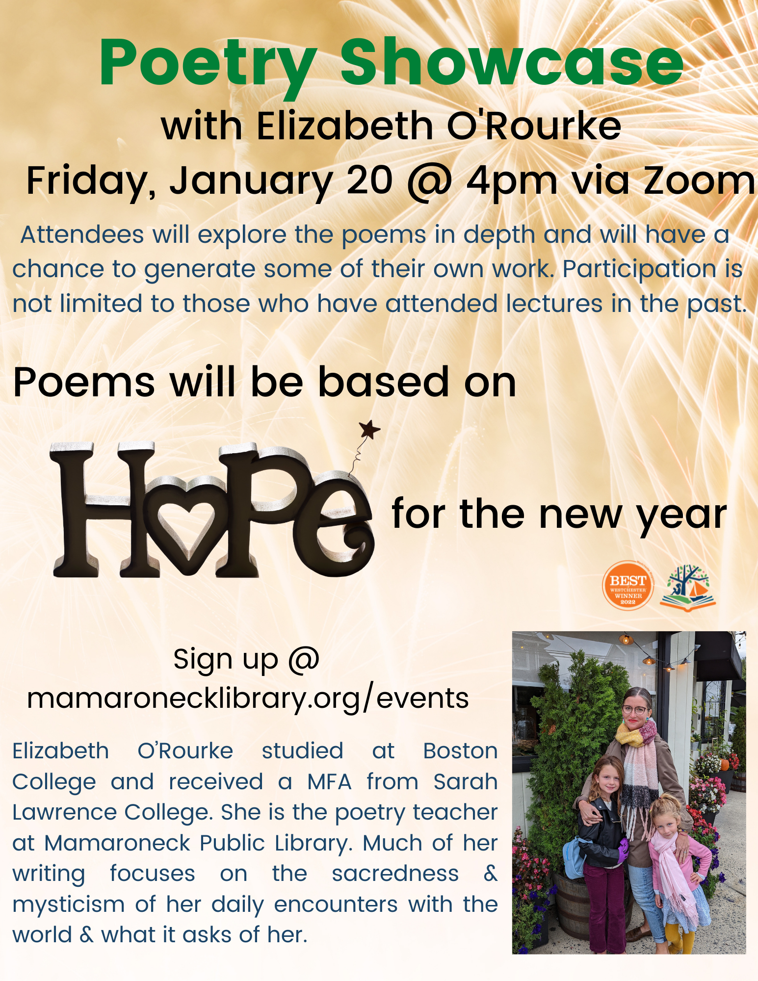 1/20 @ 4pm via zoom: Elizabeth O' Rourke poetry program