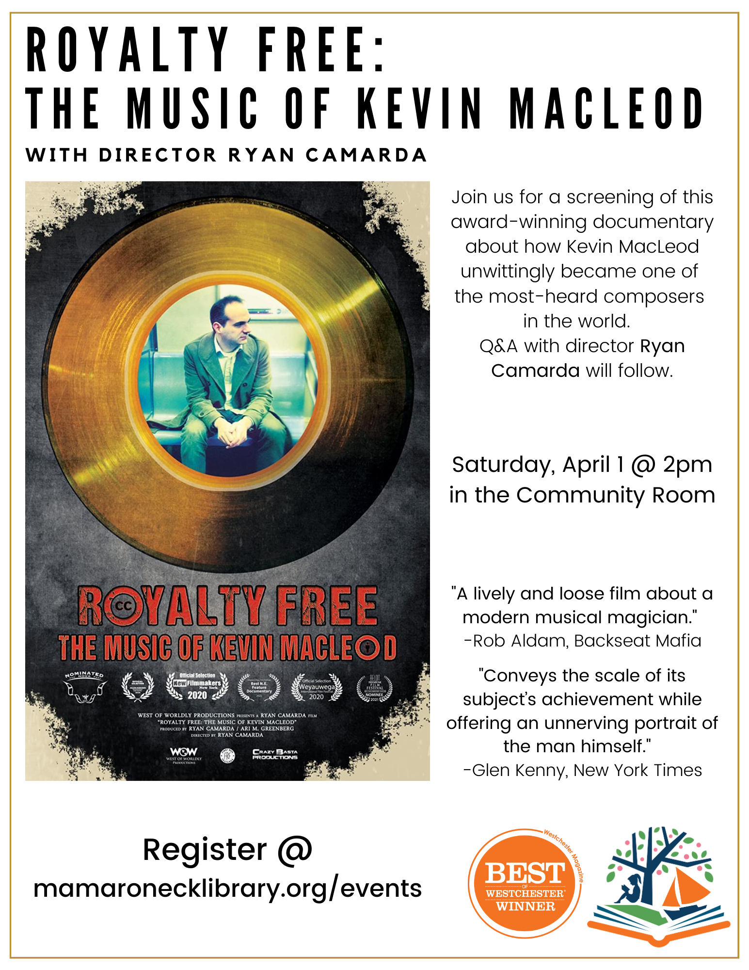 4/1 @ 2pm in the Community Room: Free screening of film documentary: Royalty Free