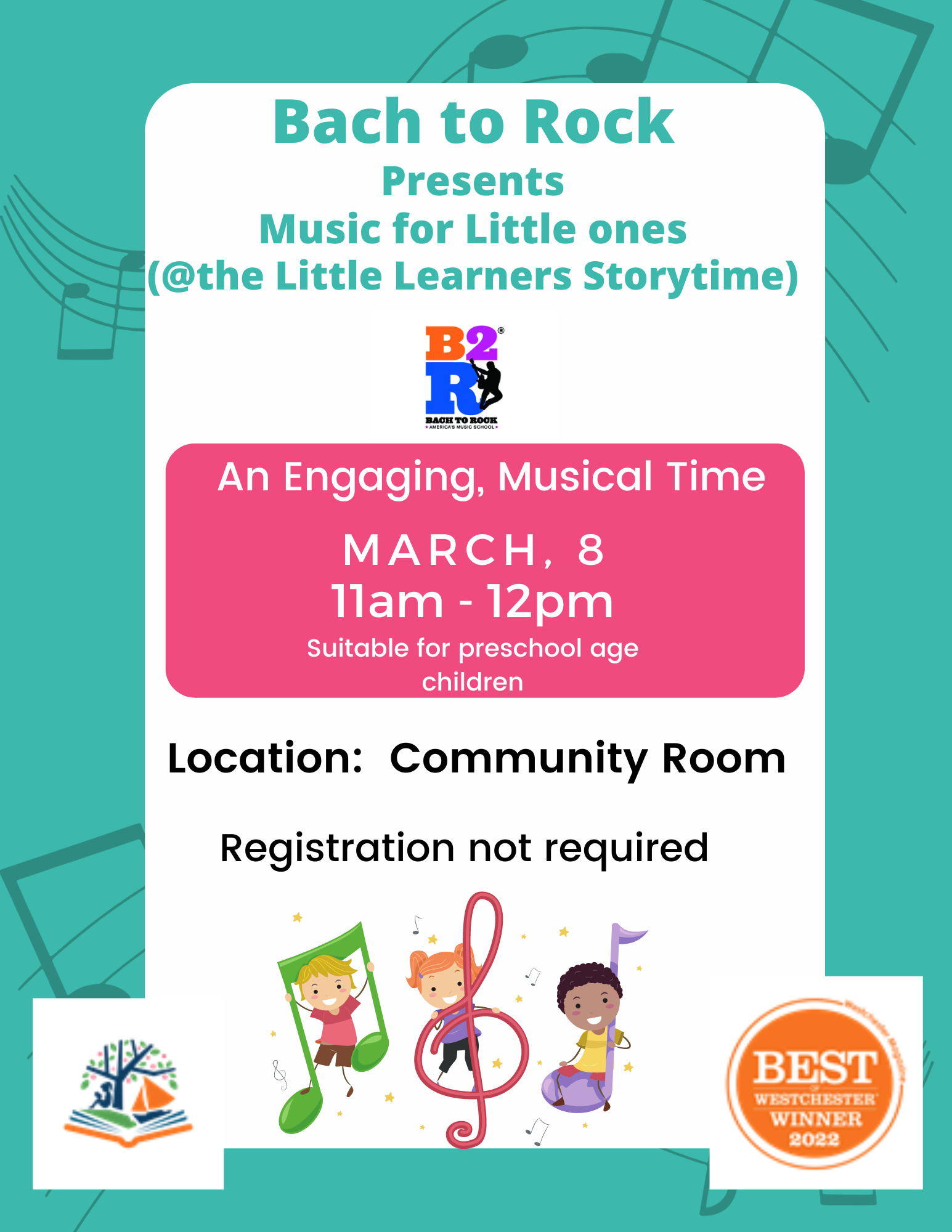 3/8 @ 11-Noon Bach to Rock for pre-schoolers in the community room