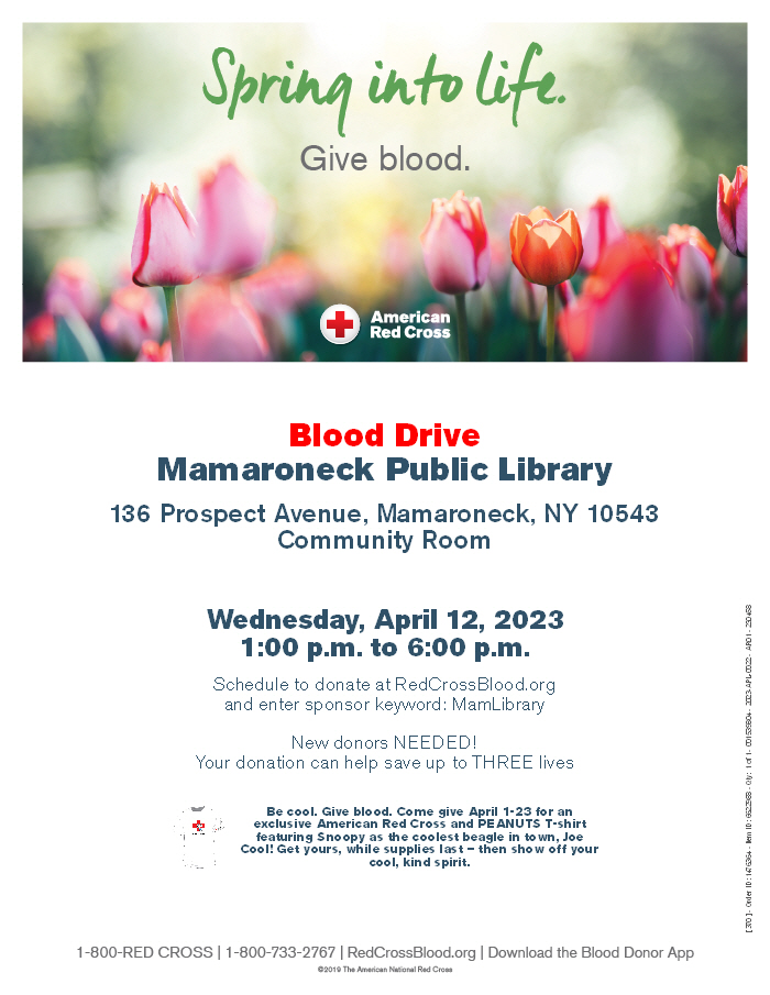 American Red Cross Blood drive on April 12 from 1 - 6 pm in the community room