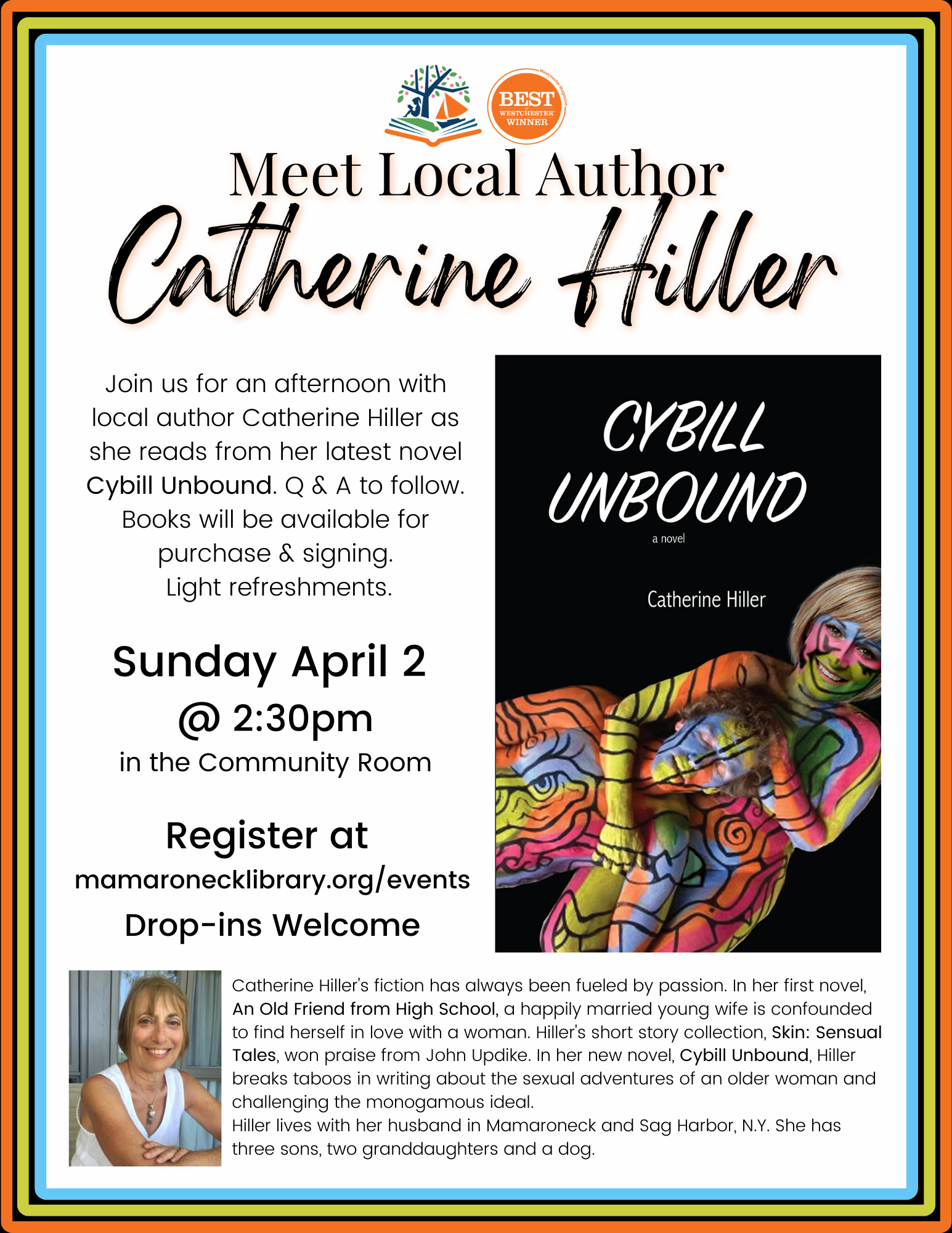 4/2 @ 2:30pm - Meet local author Catherine Hiller in the Community Room