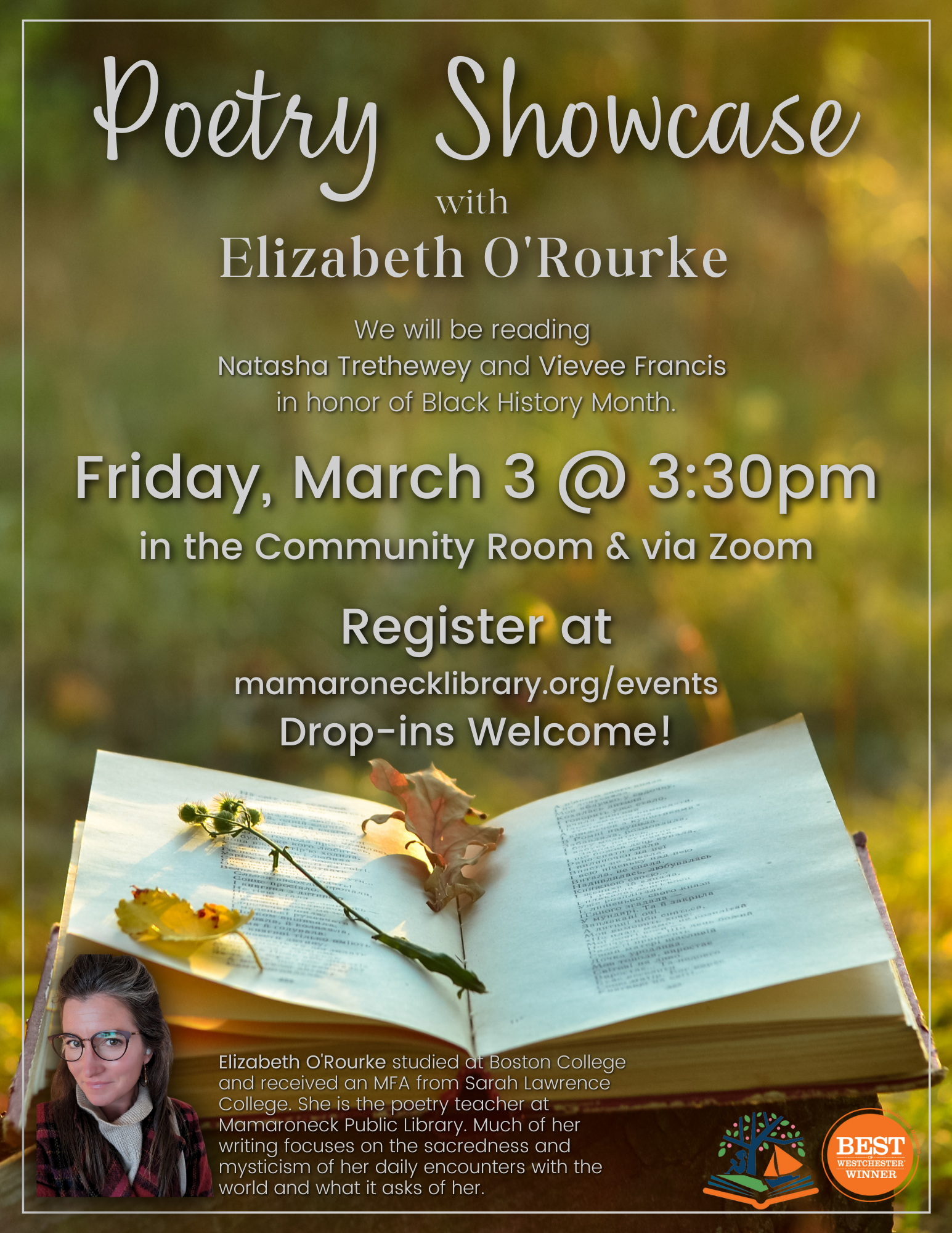 3/30 @ 3:30pm - Poetry showcase in the community room & via zoom