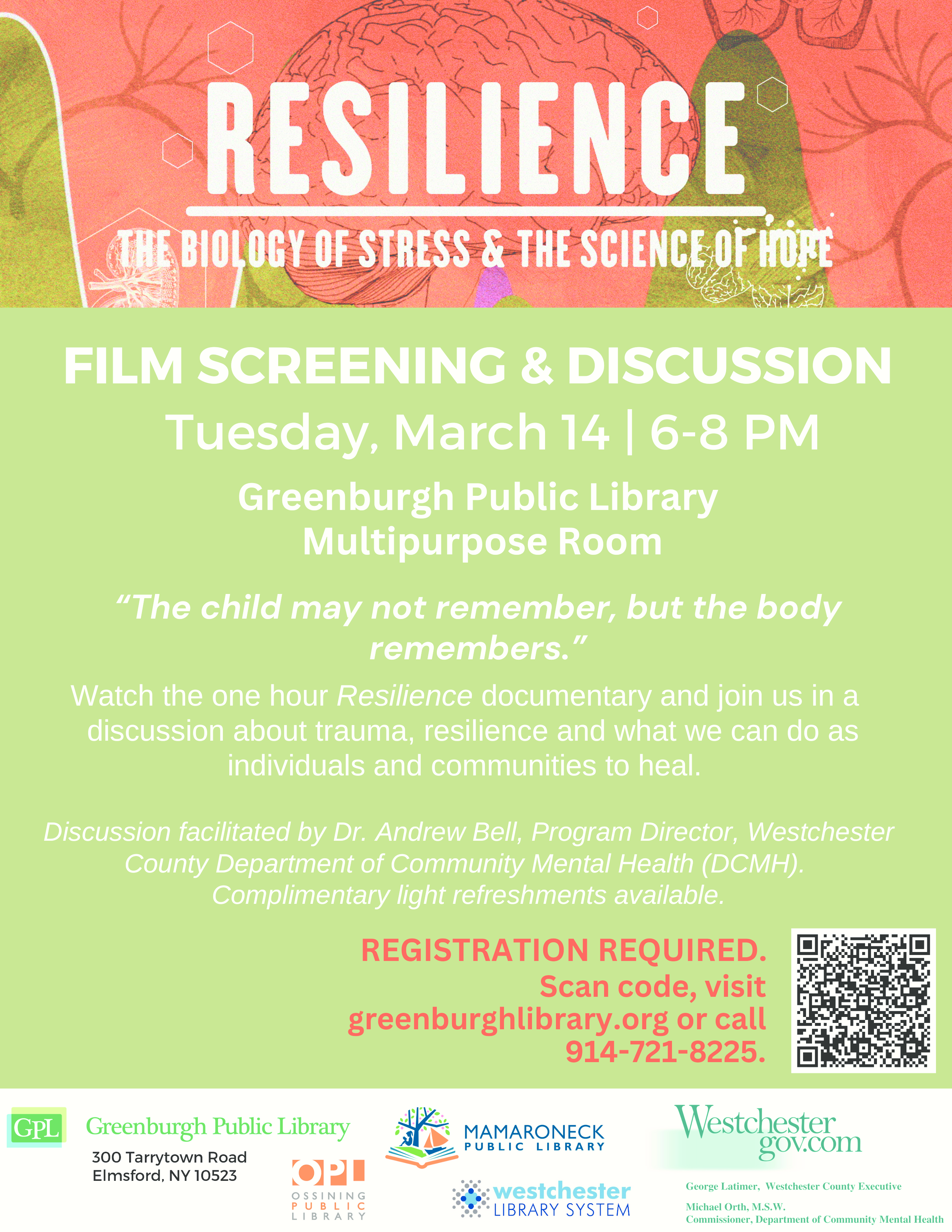 3/14 @ 6-8 pm film: Resilience at Greenburgh Public Library