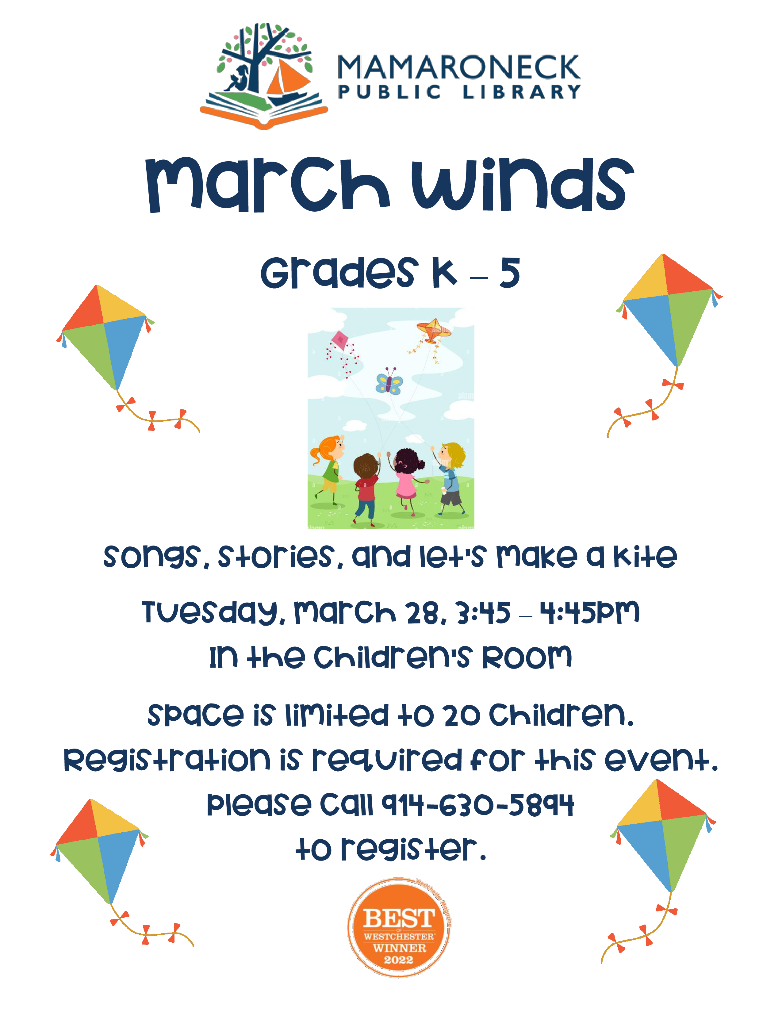 3/28 @ 3:45 - 4:45pm - March Winds - children's program, grades K - 5