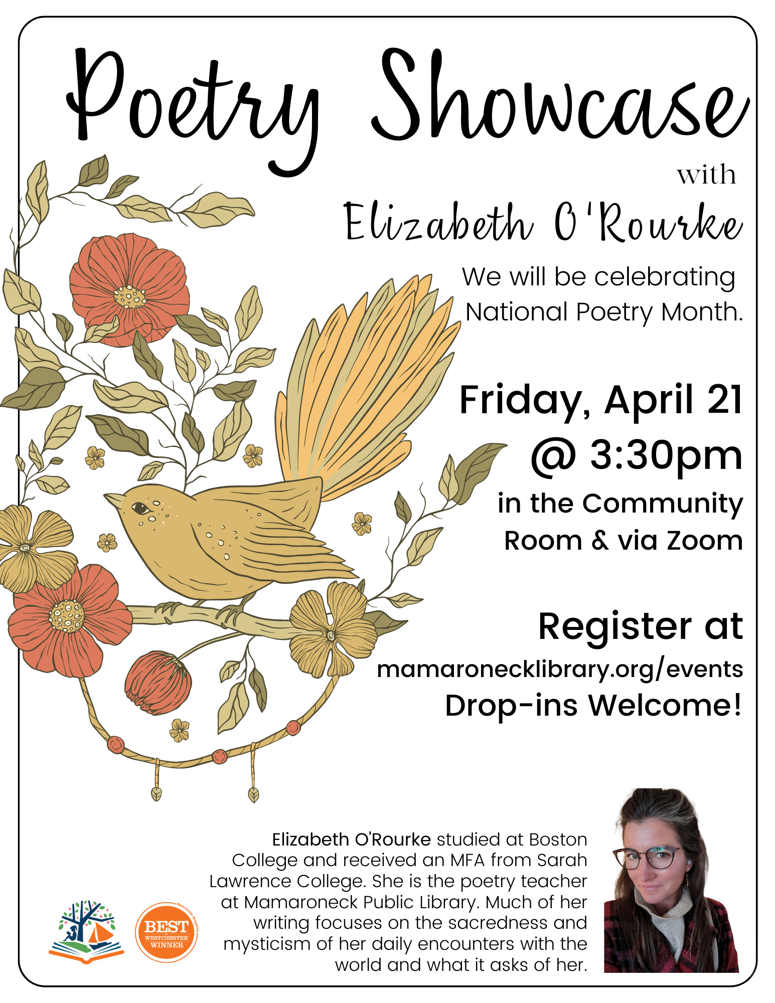 4/21 @ 3:30pm - Poetry Showcase in the community room & via zoom