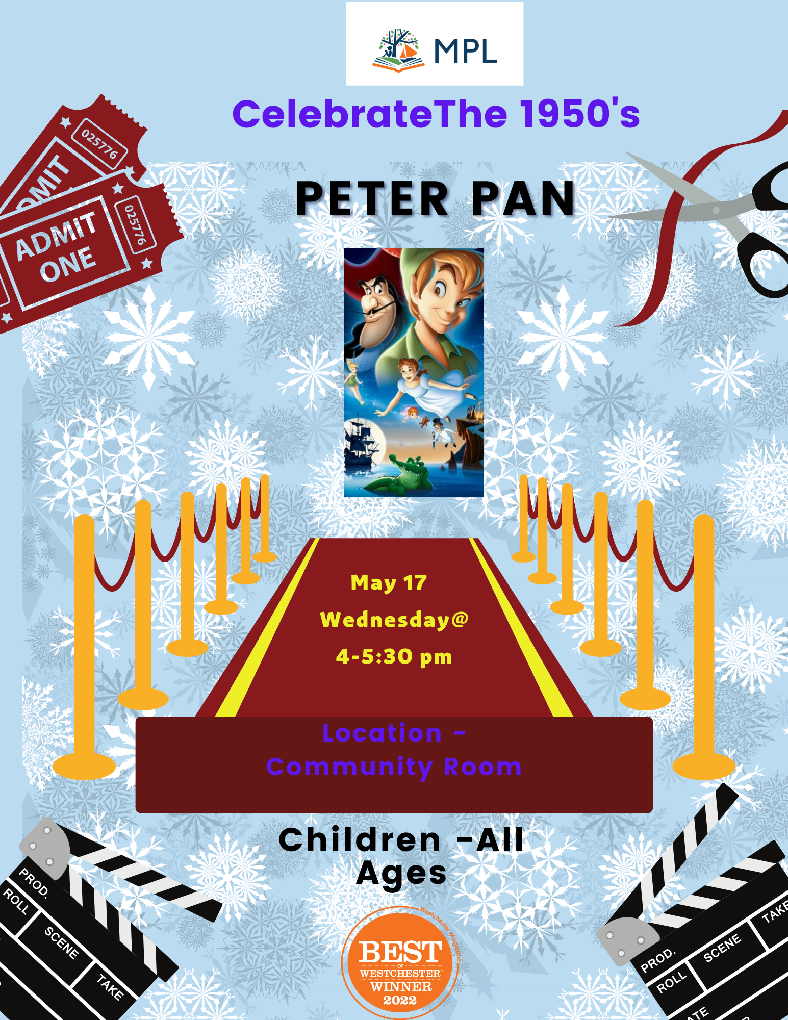 5/17 -- film, Peter Pan, @ 4-5:30pm in the community room