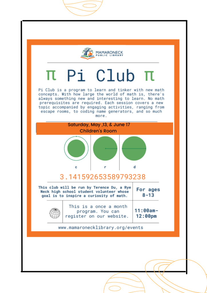 Pi Club for student 8-13; Saturdays: 5/13 & 6/17