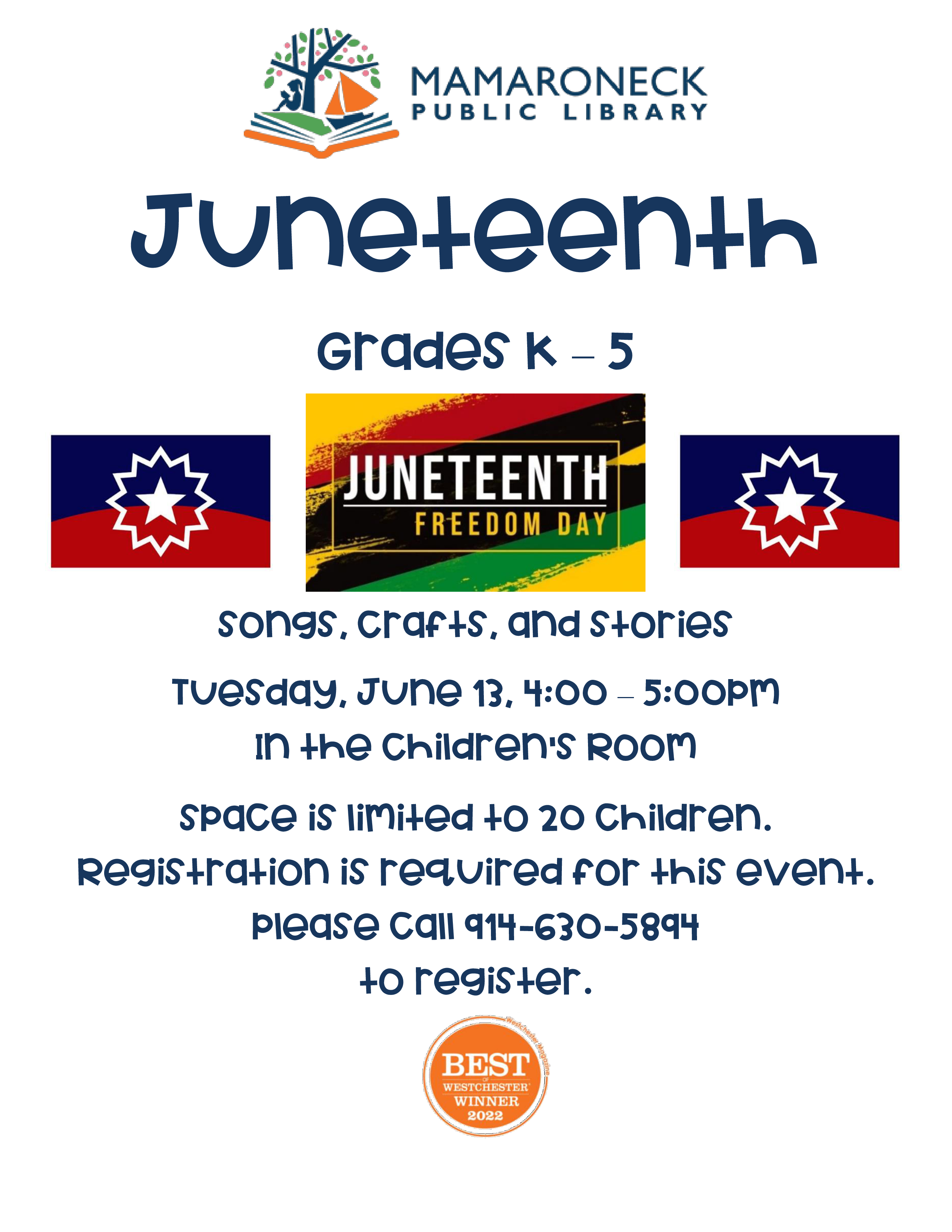 6/13 @ 4-5pm - grades K-5 - Juneteenth in the Children's Room