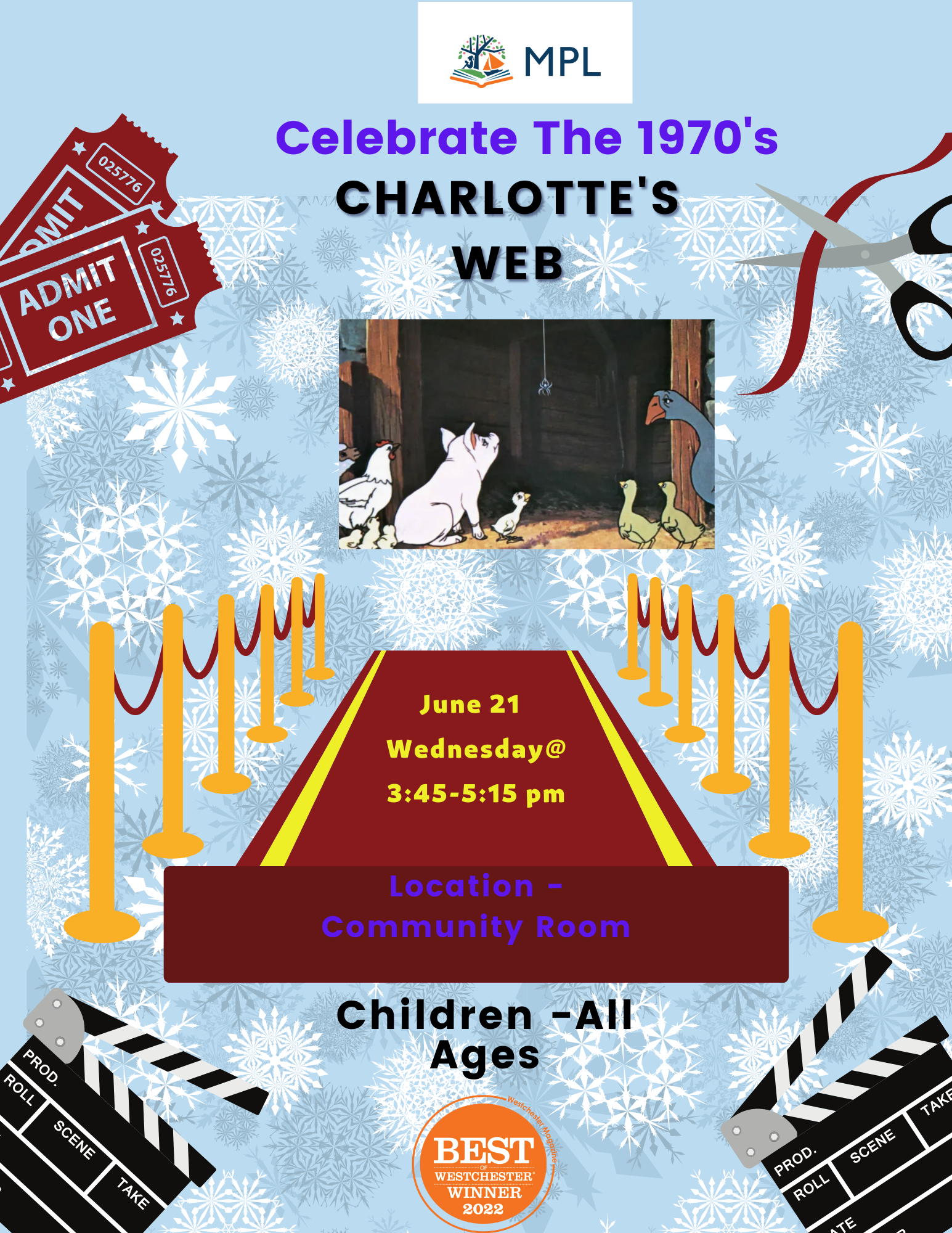 6/21 @ 3:45 - 5:15 in the Community Room - movie: Charlotte's Web (for children)