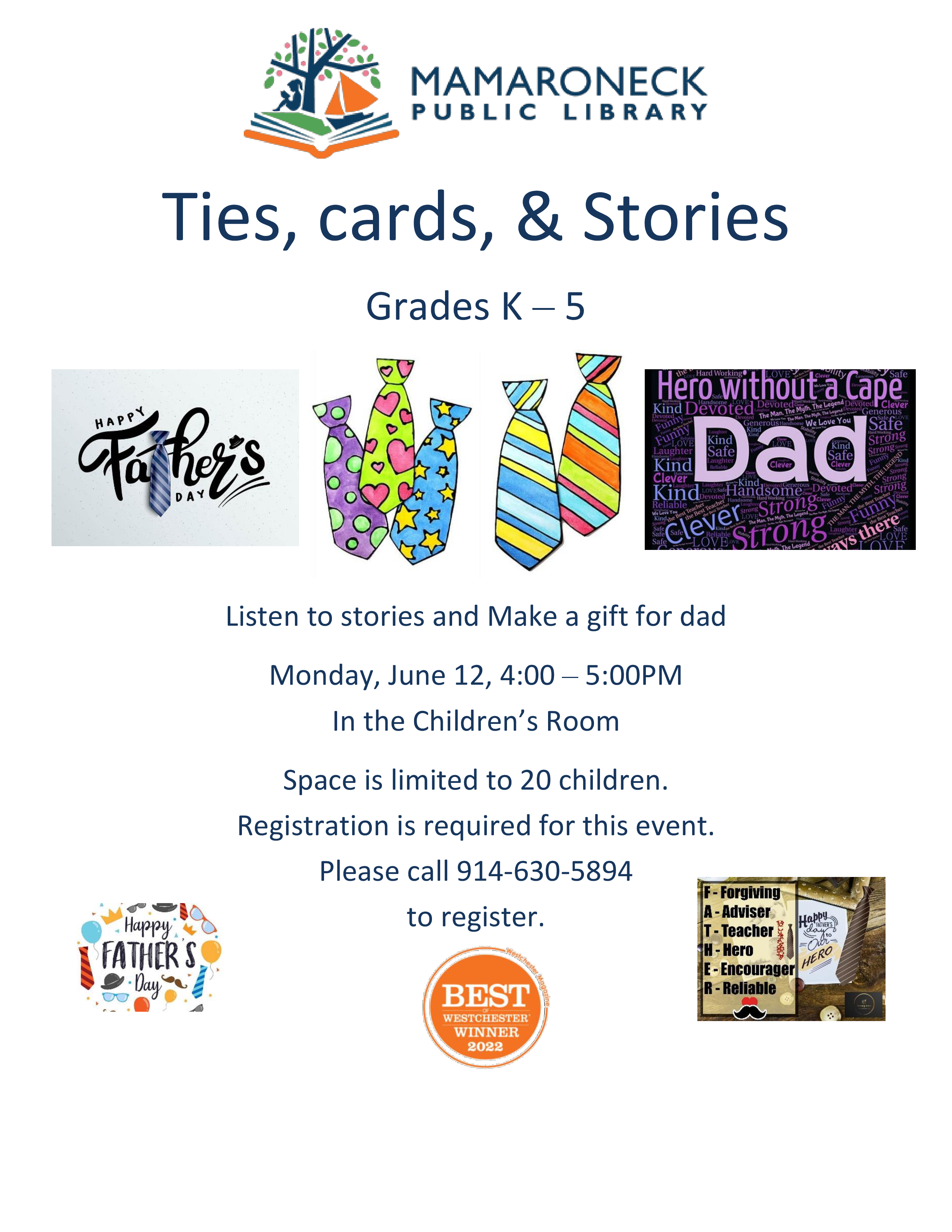 6/12 @ 4-5pm in the Children's Room - Ties, Cards, & Stories (grades K - 5) - Make a gift for Dad