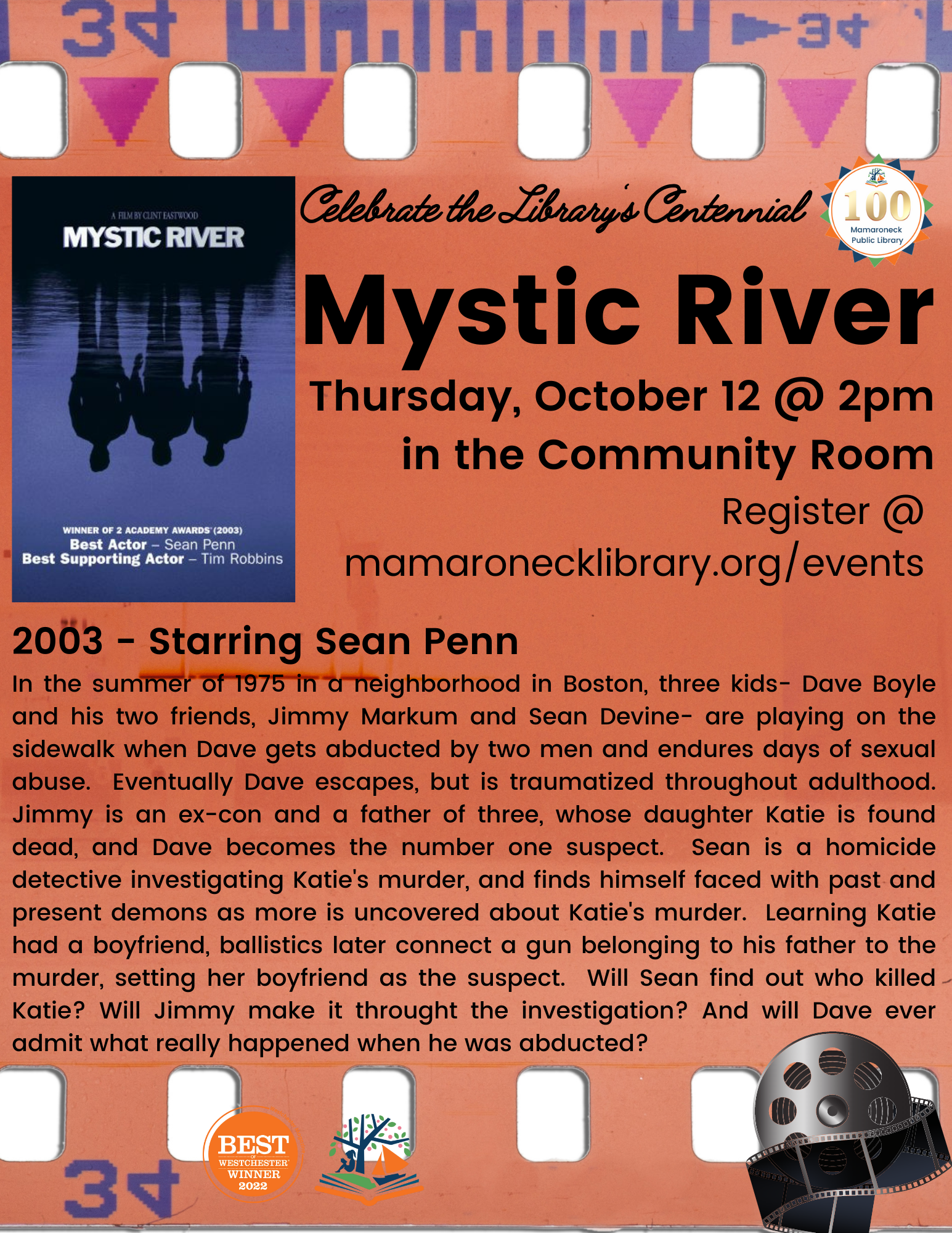 10/12 @ 2pm in the community room: Mystic River