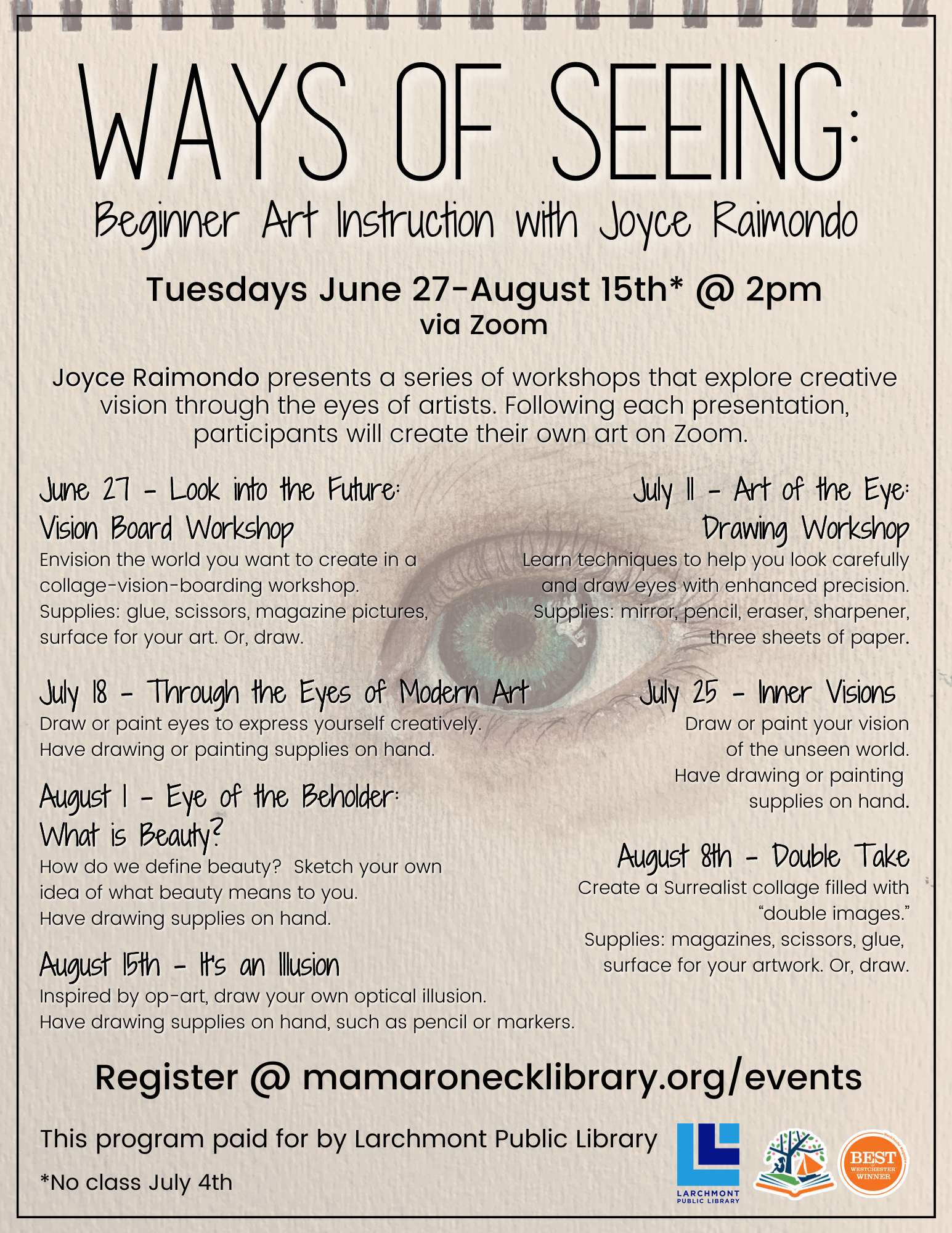 via Zoom: Ways of Seeing - beginner's art instruction - Tuesdays @ 2pm from June 27 - Aug. 15 - no class on July 4th