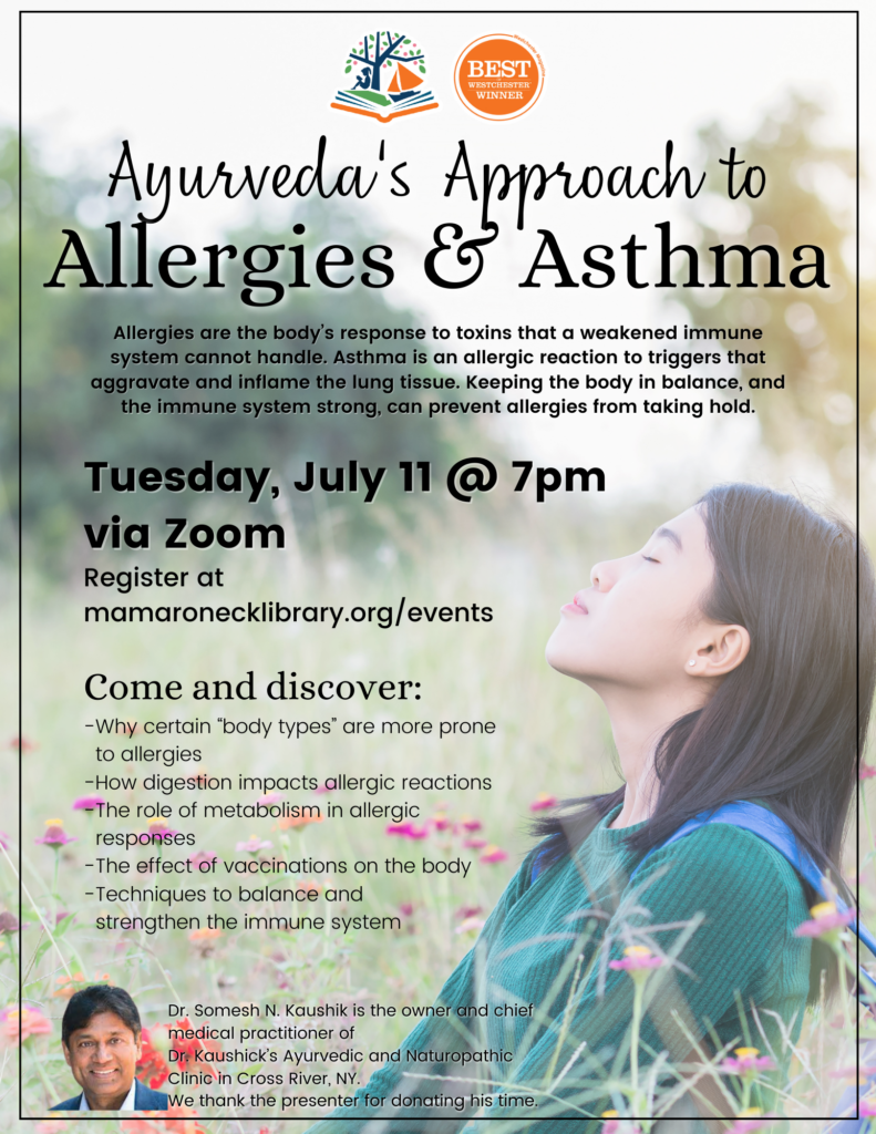 via Zoom 7/11 @ 7pm - Ayurveda's approach to allergies & asthma