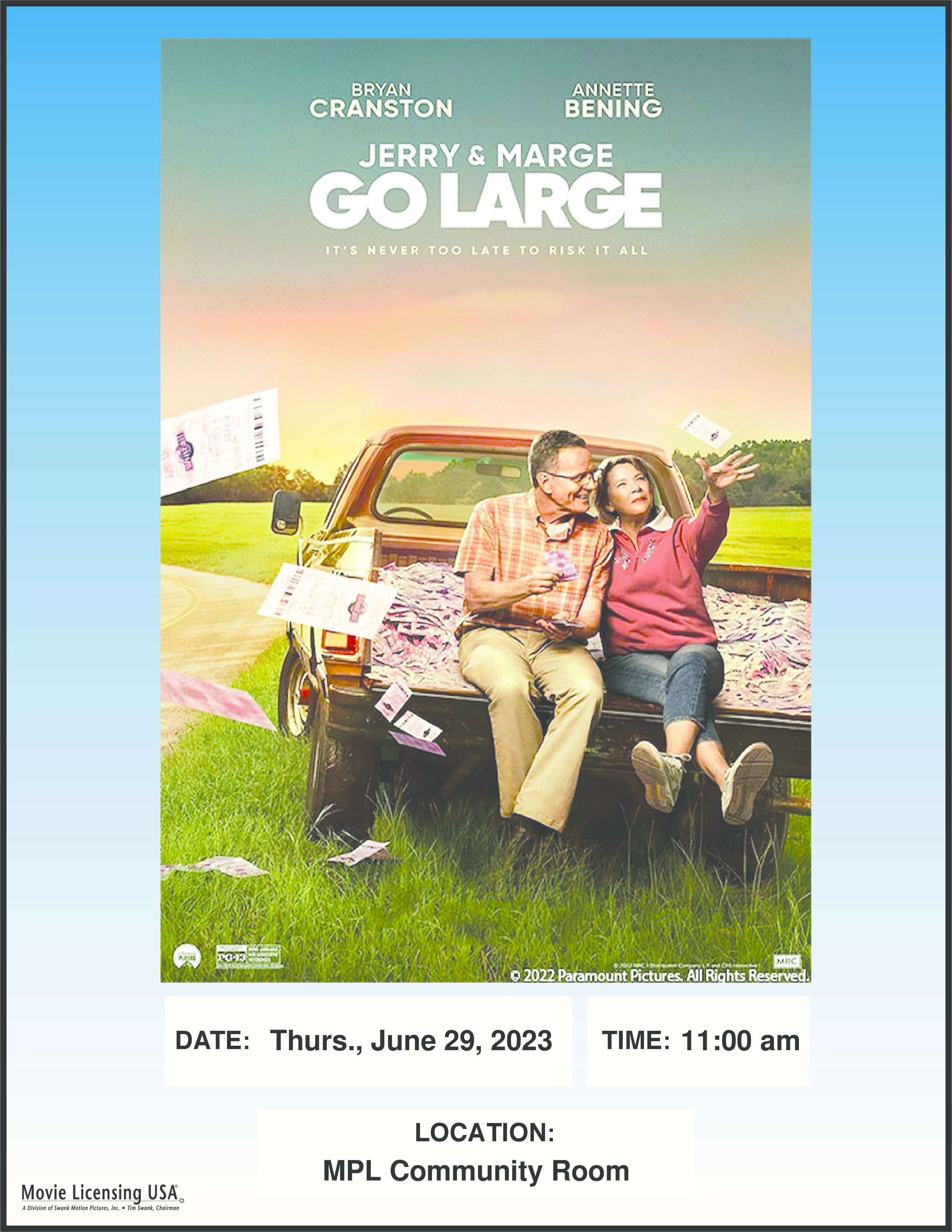 Mamaroneck New Movie Matinee: 6/29 @ 11am in the community room: Jerry and Marge Go Large